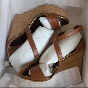 Jimmy Choo Tan Leather Wedge Sandals With Gold Accents